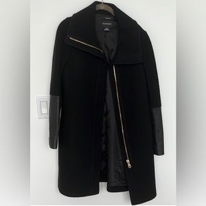 Club Monaco Black Wool Coat with Leather Trim. Size S/P